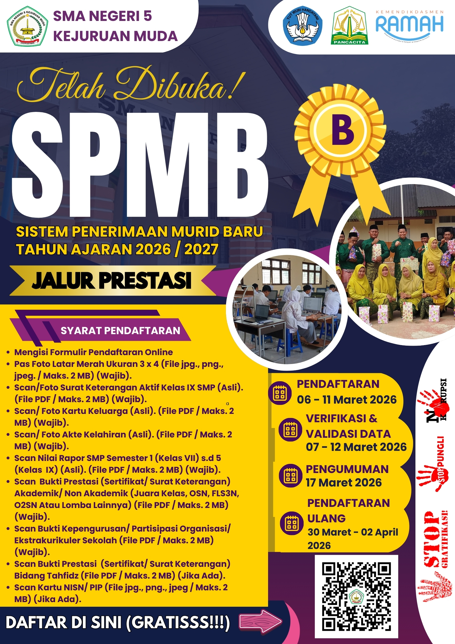 PENDAFTARAN SPMB-JALUR PRESTASI JENJANG SMA T.A 2026/2027 DI SMA NEGERI 5 KEJURUAN MUDA RESMI DI BUKA !!!